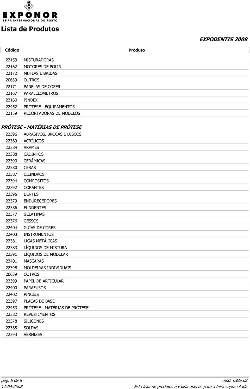 22379 ENDURECEDORES 22386 FUNDENTES 22377 GELATINAS 22376 GESSOS 22404 GUIAS DE CORES 22403 INSTRUMENTOS 22381 LIGAS METÁLICAS 22383 LÍQUIDOS DE MISTURA 22391 LÍQUIDOS DE MODELAR 22401 MASCARAS 22398