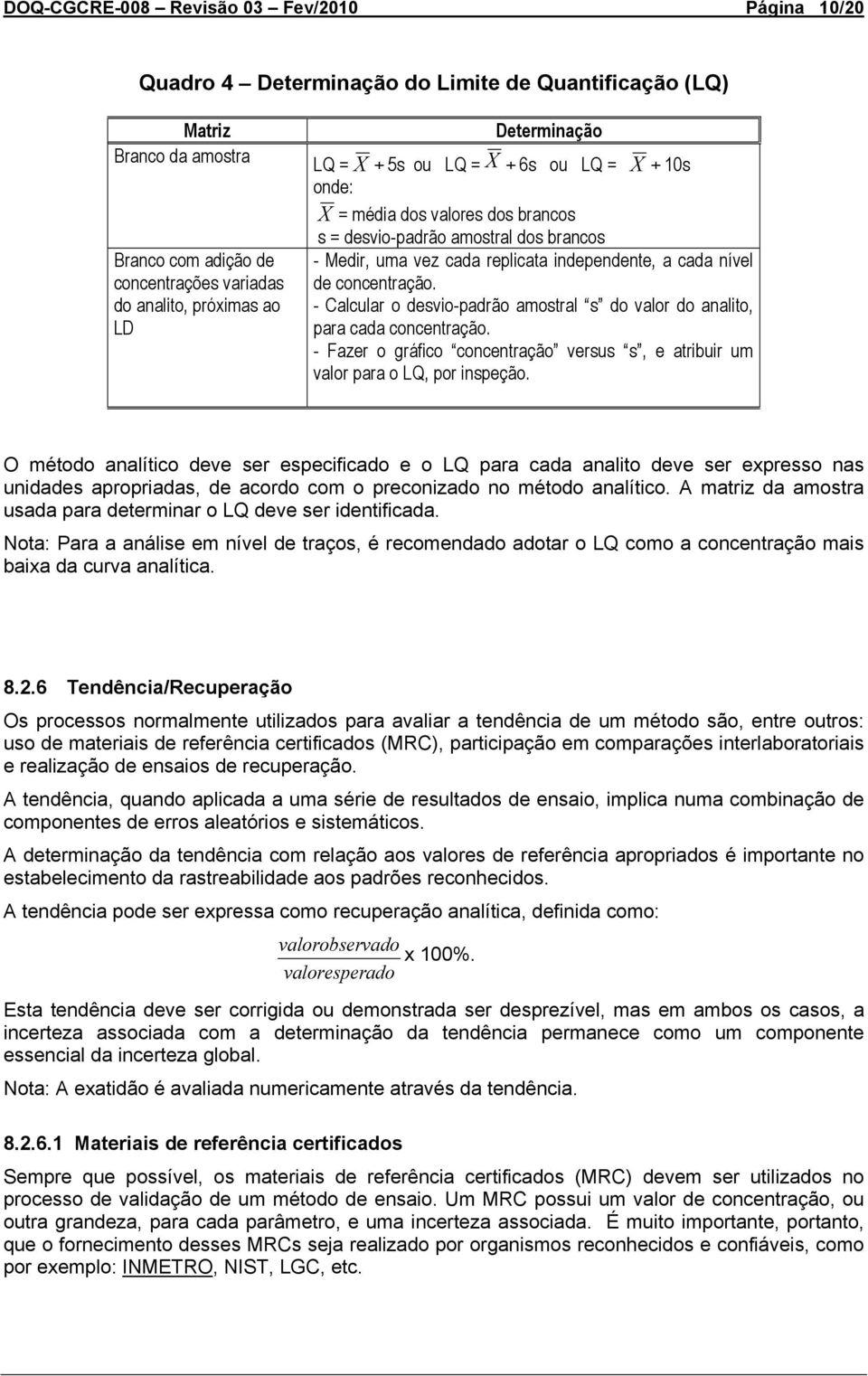 concentração. - Calcular o desvio-padrão amostral s do valor do analito, para cada concentração. - Fazer o gráfico concentração versus s, e atribuir um valor para o LQ, por inspeção.