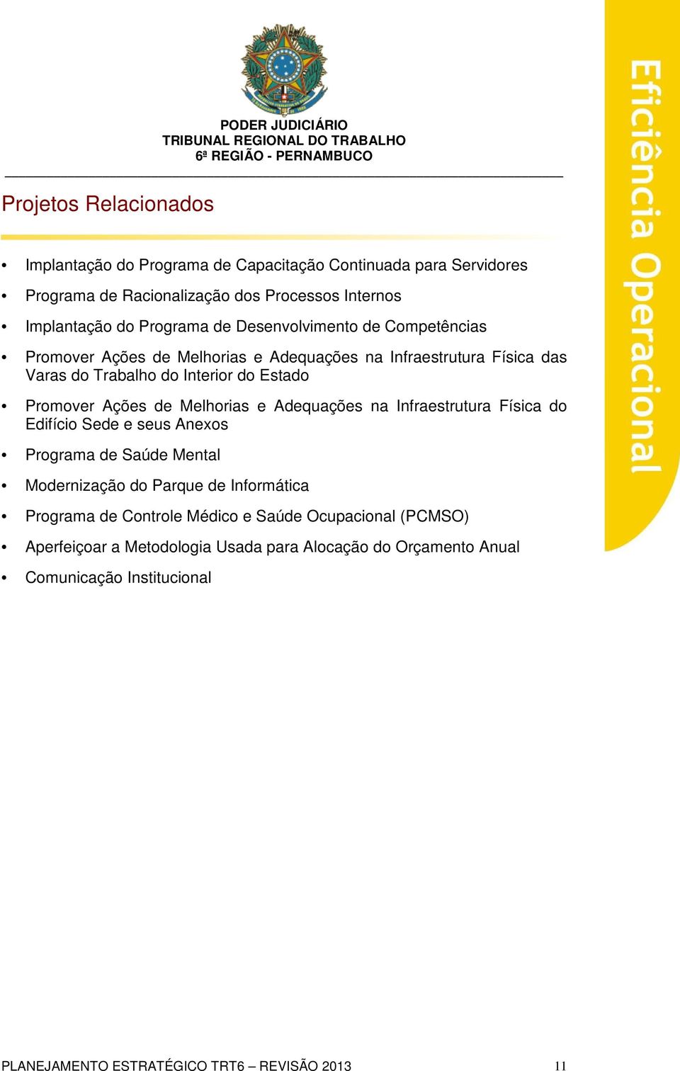 Melhorias e Adequações na Infraestrutura Física do Edifício Sede e seus Anexos Programa de Saúde Mental Modernização do Parque de Informática Programa de Controle