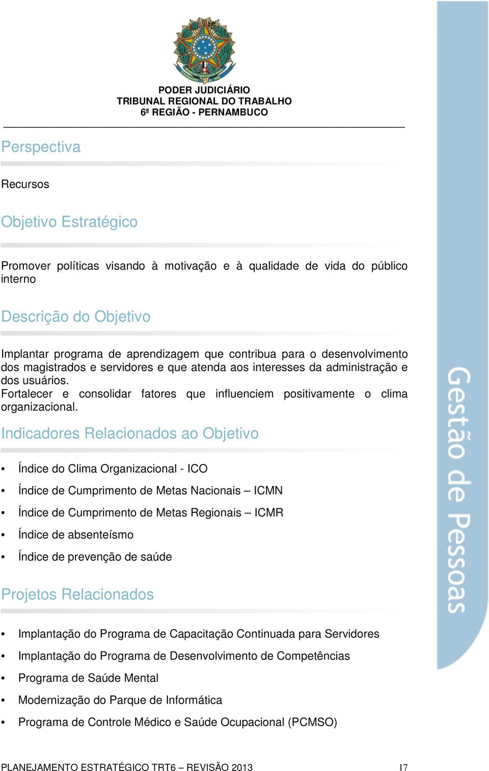 Indicadores Relacionados ao Objetivo Índice do Clima Organizacional - ICO Índice de Cumprimento de Metas Nacionais ICMN Índice de Cumprimento de Metas Regionais ICMR Índice de absenteísmo Índice de