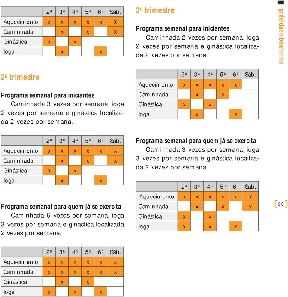 semana. grávidaemboaforma 2 o trimestre Programa semanal para iniciantes Caminhada 3 vezes por semana, ioga 2 vezes por semana e ginástica localizada 2 vezes por semana.