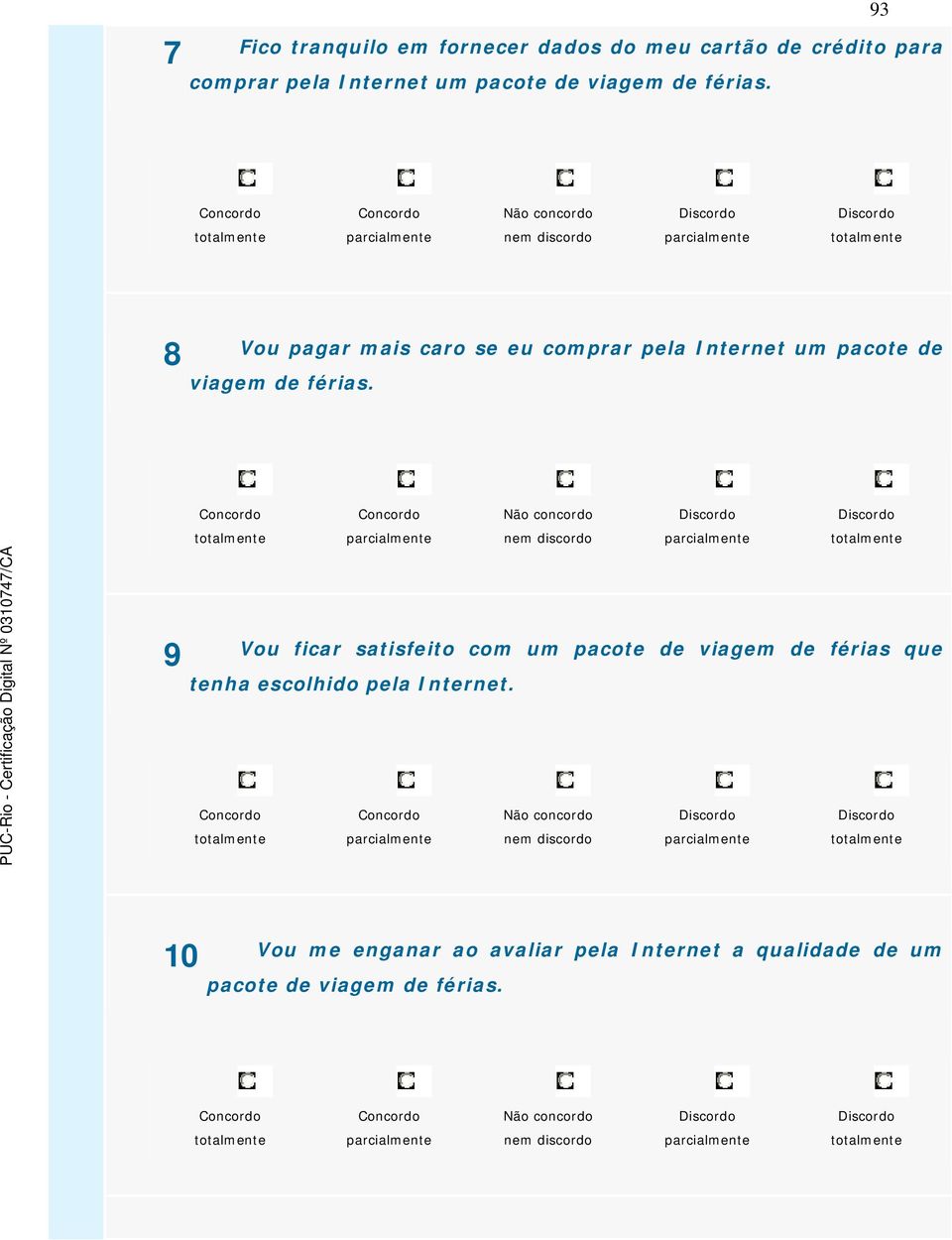 93 8 Vou pagar mais caro se eu comprar pela Internet um  9 Vou ficar satisfeito com um pacote