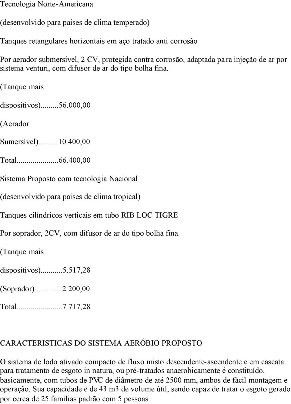 400,00 Sistema Proposto com tecnologia Nacional (desenvolvido para países de clima tropical) Tanques cilíndricos verticais em tubo RIB LOC TIGRE Por soprador, 2CV, com difusor de ar do tipo bolha