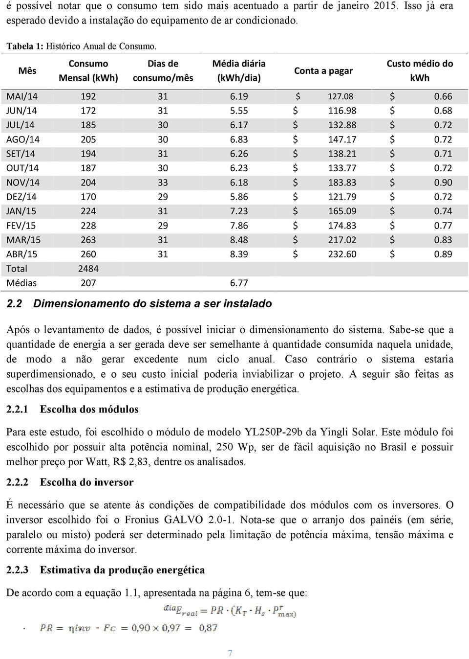 2 Consumo Mensal (kwh) Dias de consumo/mês Média diária (kwh/dia) 192 172 185 205 194 187 204 170 224 228 263 260 2484 207 31 31 30 30 31 30 33 29 31 29 31 31 6.19 5.55 6.17 6.83 6.26 6.23 6.18 5.