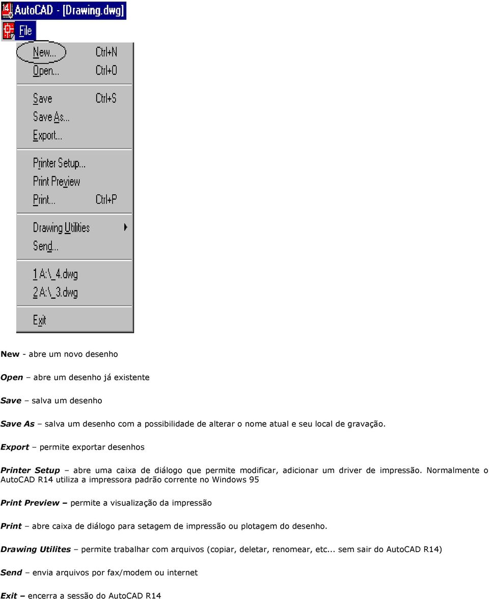 Normalmente o AutoCAD R14 utiliza a impressora padrão corrente no Windows 95 Print Preview permite a visualização da impressão Print abre caixa de diálogo para setagem de