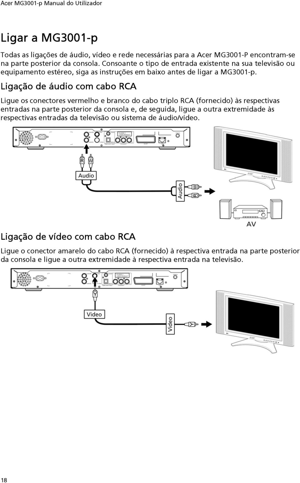 Ligação de áudio com cabo RCA Ligue os conectores vermelho e branco do cabo triplo RCA (fornecido) às respectivas entradas na parte posterior da consola e, de seguida, ligue a