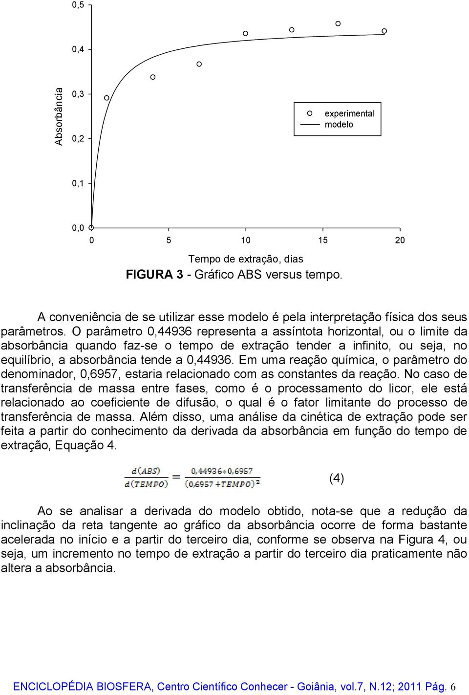 O parâmetro 0,44936 representa a assíntota horizontal, ou o limite da absorbância quando faz-se o tempo de extração tender a infinito, ou seja, no equilíbrio, a absorbância tende a 0,44936.