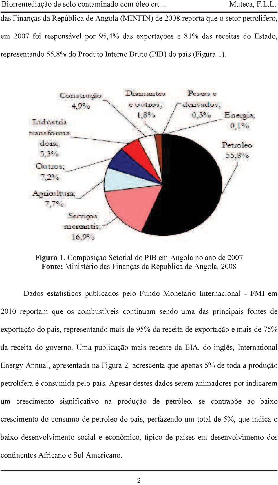 Composiçao Setorial do PIB em Angola no ano de 2007 Fonte: Ministério das Finanças da Republica de Angola, 2008 Dados estatísticos publicados pelo Fundo Monetário Internacional - FMI em 2010 reportam