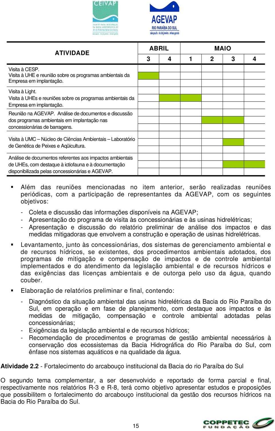 Análise de documentos e discussão dos programas ambientais em implantação nas concessionárias de barragens. Visita à UMC Núcleo de Ciências Ambientais Laboratório de Genética de Peixes e Aqüicultura.