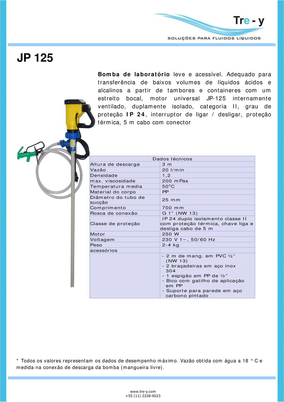 isolado, categoria II, grau de proteção IP 24, interruptor de ligar / desligar, proteção térmica, 5 m cabo com conector Altura de descarga 3 m 20 l/min Densidade 1,2 200 mpas Temperatura media