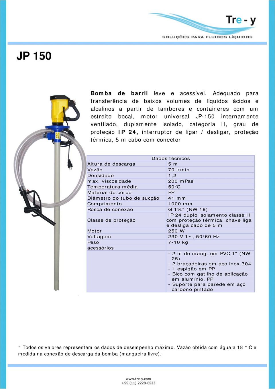 duplamente isolado, categoria II, grau de proteção IP 24, interruptor de ligar / desligar, proteção térmica, 5 m cabo com conector Altura de descarga 5 m 70 l/min Densidade 1,2 200