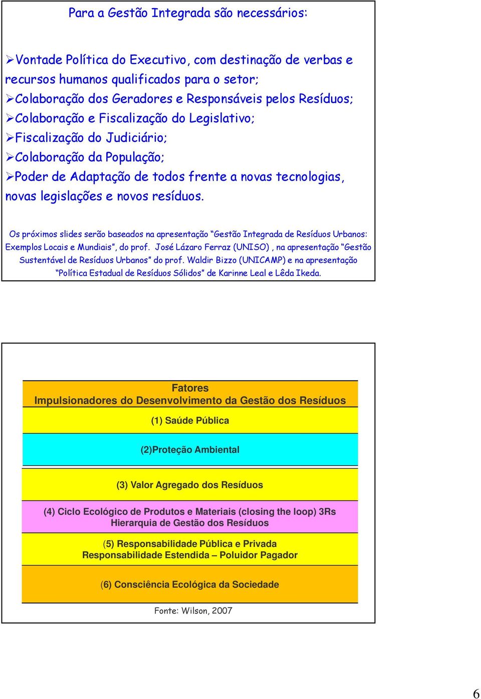 Os próximos slides serão baseados na apresentação Gestão Integrada de Resíduos Urbanos: Exemplos Locais e Mundiais, do prof.