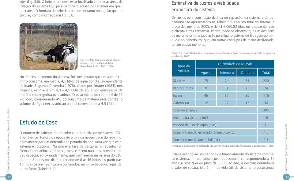 Estimativa de custos e viabilidade econômica do sistema Os custos para construção da área de captação, da cisterna e do bebedouro são apresentados na Tabela 5.