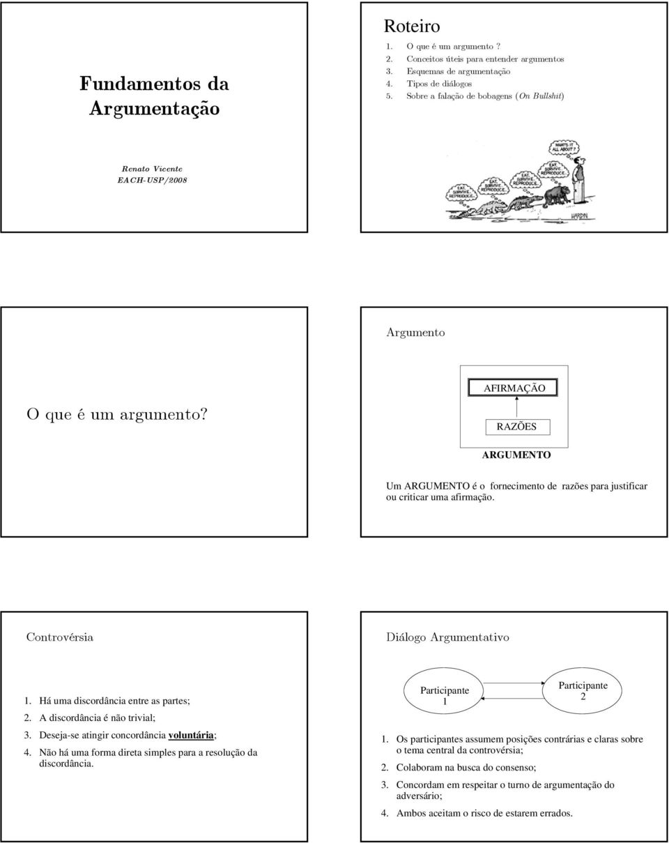 AFIRMAÇÃO RAZÕES ARGUMENTO Um ARGUMENTO é o fornecimento de razões para justificar ou criticar uma afirmação. Controvérsia Diálogo Argumentativo 1. Há uma discordância entre as partes; 2.