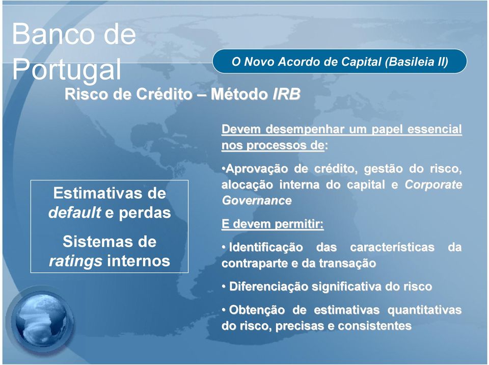 e Corporate Governance E devem permitir: Identificação das características da contraparte e da transação