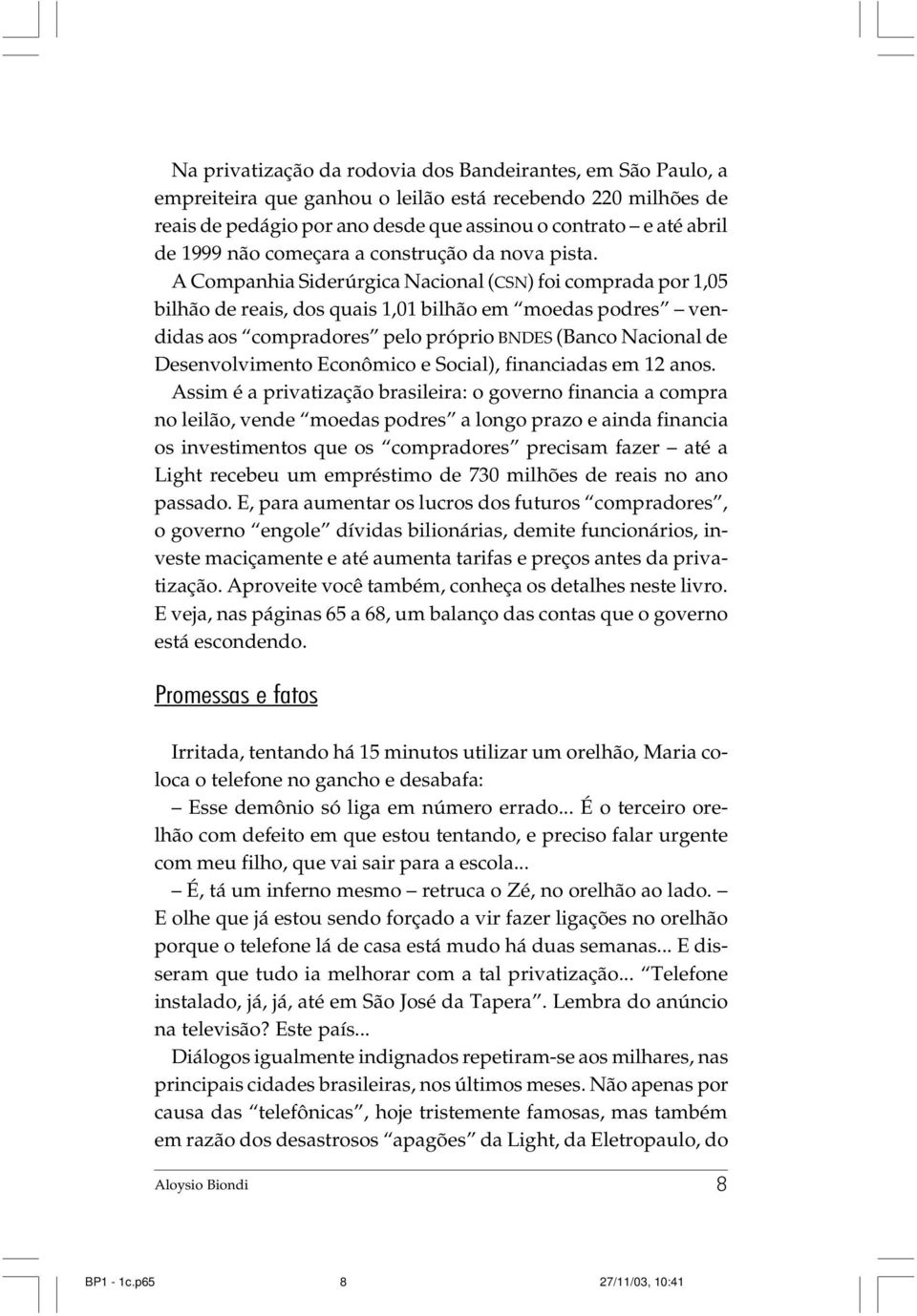 A Companhia Siderúrgica Nacional (CSN) foi comprada por 1,05 bilhão de reais, dos quais 1,01 bilhão em moedas podres vendidas aos compradores pelo próprio BNDES (Banco Nacional de Desenvolvimento