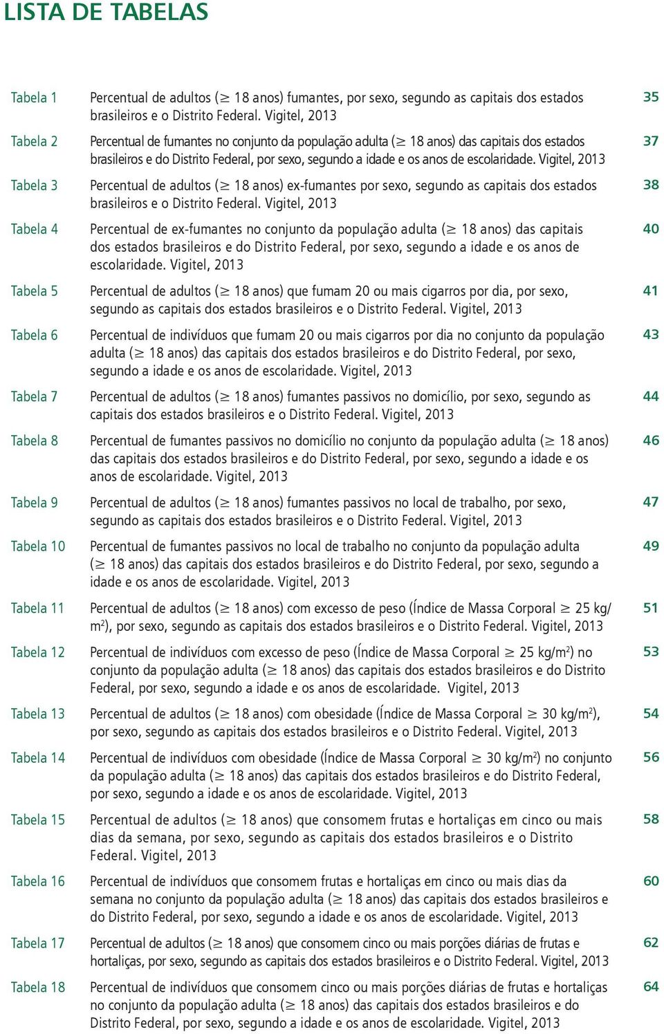 Vigitel, 2013 Percentual de fumantes no conjunto da população adulta ( 18 anos) das capitais dos estados brasileiros e do Distrito Federal, por sexo, segundo a idade e os anos de escolaridade.