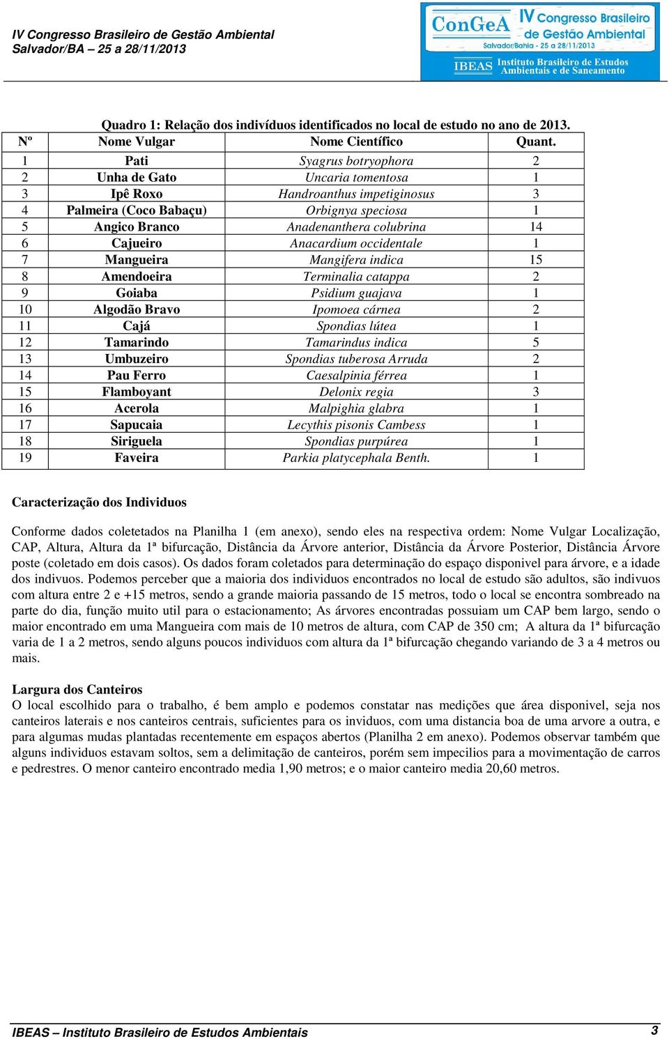 Cajueiro Anacardium occidentale 1 7 Mangueira Mangifera indica 15 8 Amendoeira Terminalia catappa 2 9 Goiaba Psidium guajava 1 10 Algodão Bravo Ipomoea cárnea 2 11 Cajá Spondias lútea 1 12 Tamarindo