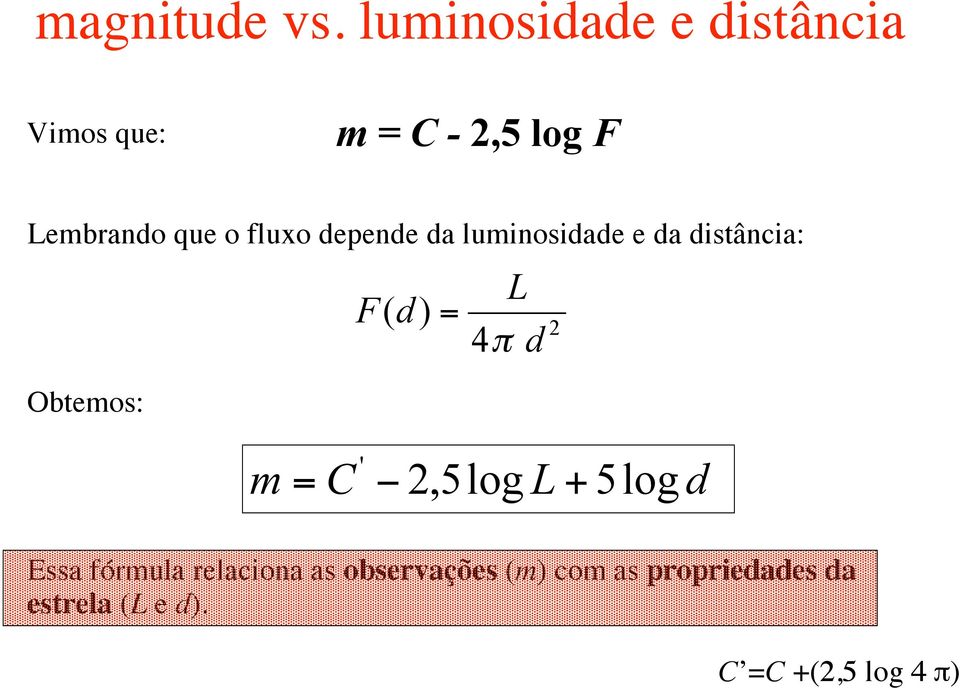 fluxo depende da luminosidade e da distância: Obtemos: F( d) = L 4π d