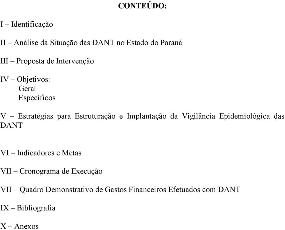 Implantação da Vigilância Epidemiológica das DANT VI Indicadores e Metas VII Cronograma de