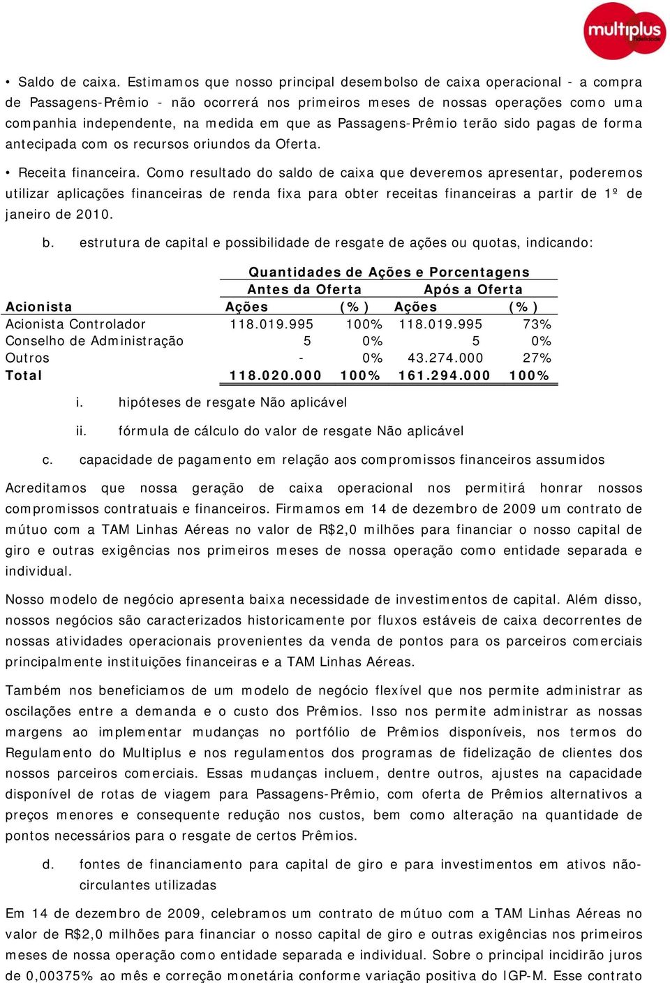 as Passagens-Prêmio terão sido pagas de forma antecipada com os recursos oriundos da Oferta. Receita financeira.