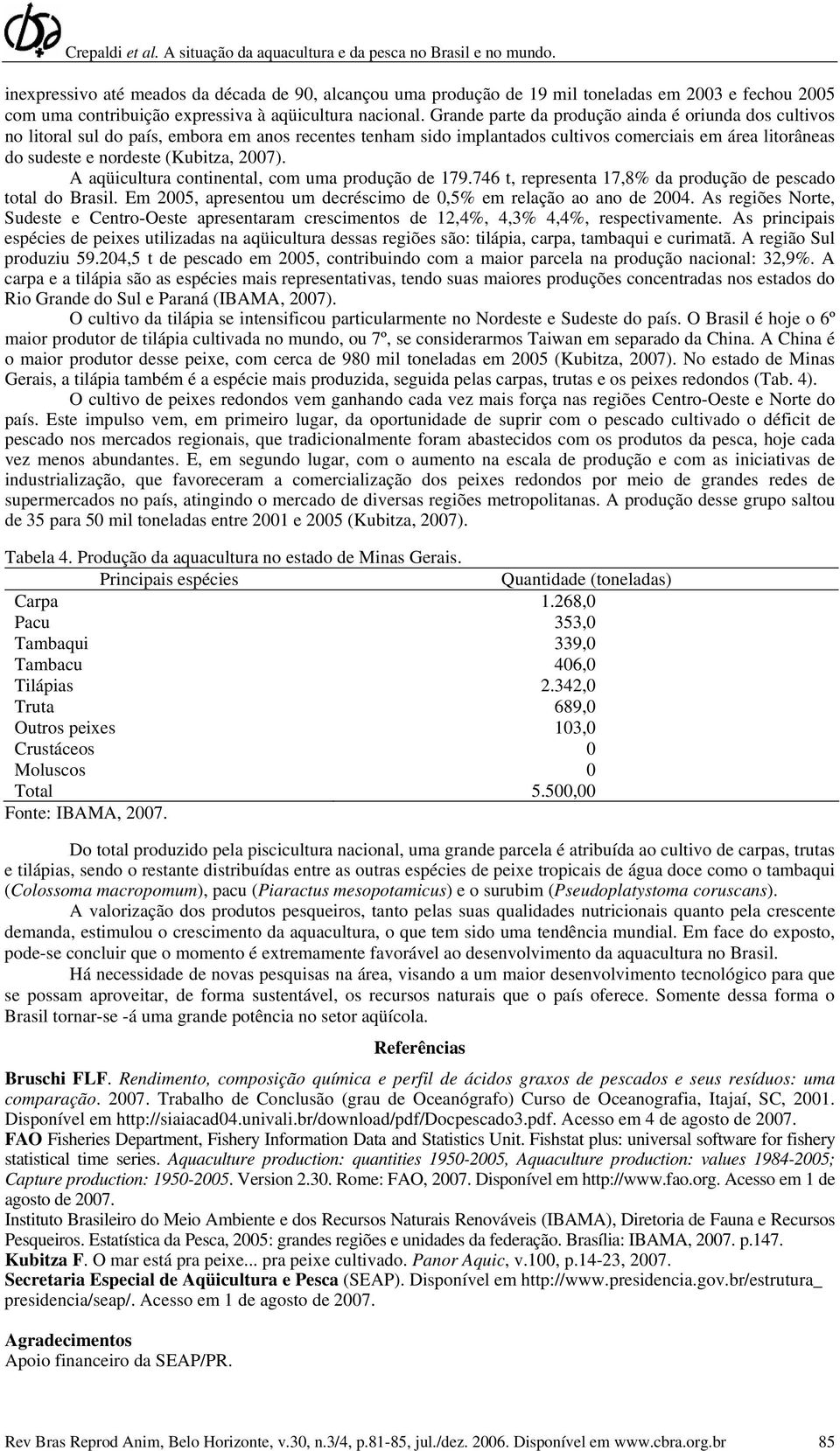 2007). A aqüicultura continental, com uma produção de 179.746 t, representa 17,8% da produção de pescado total do Brasil. Em 2005, apresentou um decréscimo de 0,5% em relação ao ano de 2004.