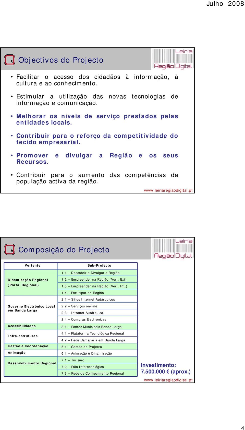 Contribuir para o aumento das competências da população activa da região. Composição do Projecto Vertente Sub-Projecto 1.