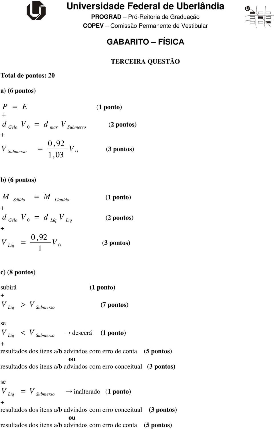 ponto) resultados dos itens a/b adindos com erro de conta (5 pontos) resultados dos itens a/b adindos com erro conceitual se V =