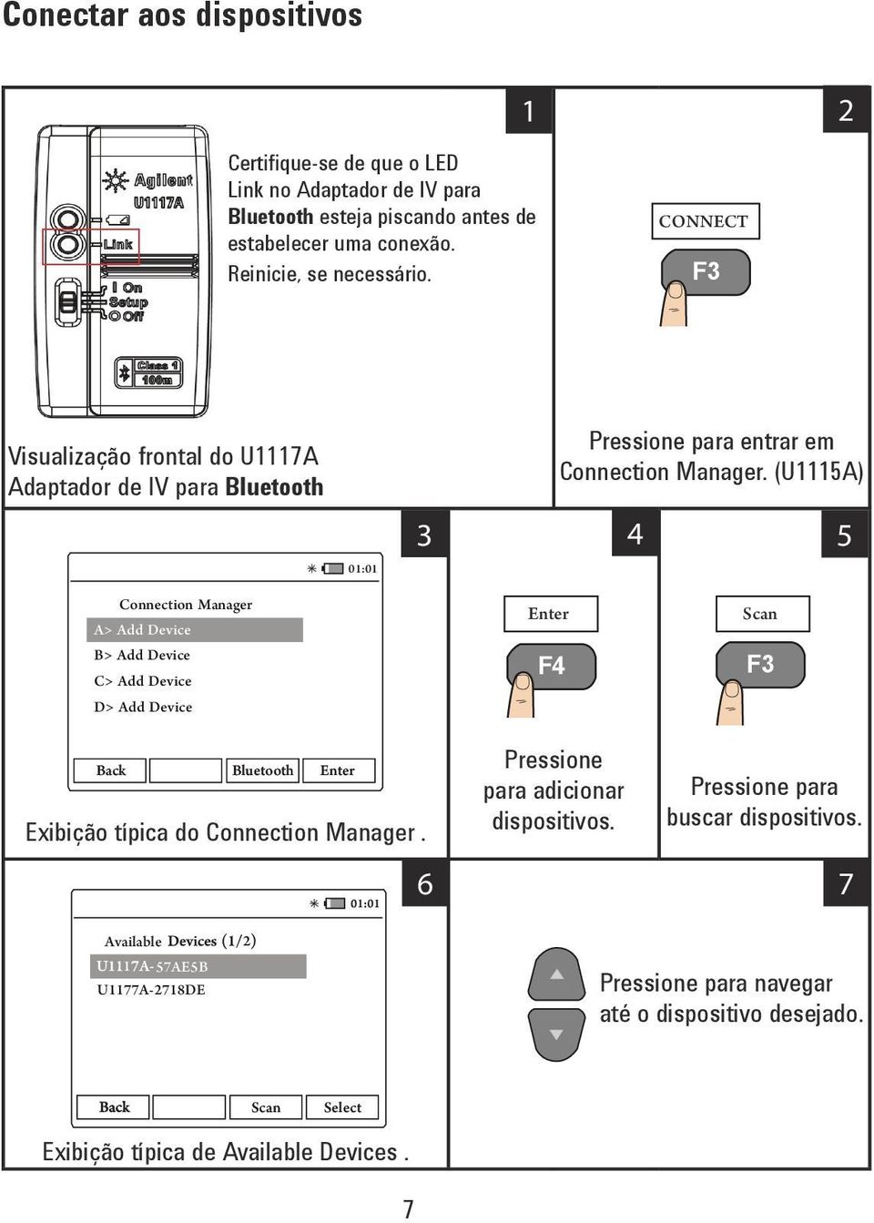 CONNECT Visualização frontal do U1117A Adaptador de IV para Bluetooth Connection Manager A> Add Device B> Add Device C> Add Device D> Add Device Enter Pressione para