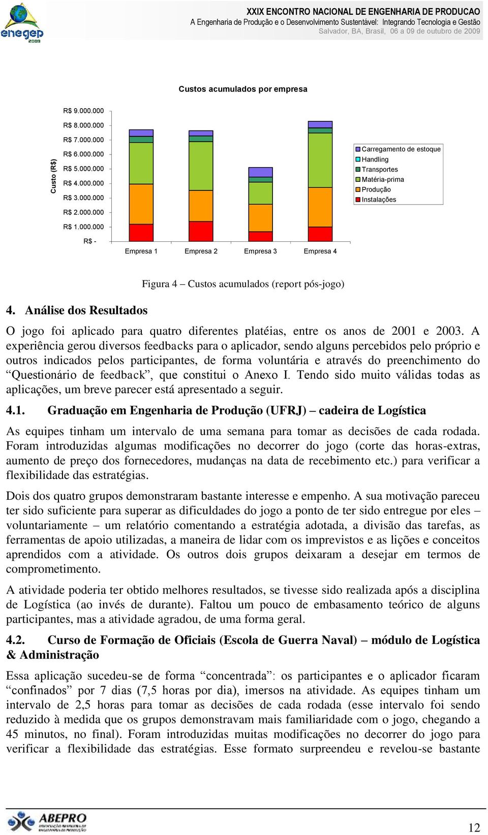 Análise dos Resultados Figura 4 Custos acumulados (report pós-jogo) O jogo foi aplicado para quatro diferentes platéias, entre os anos de 2001 e 2003.