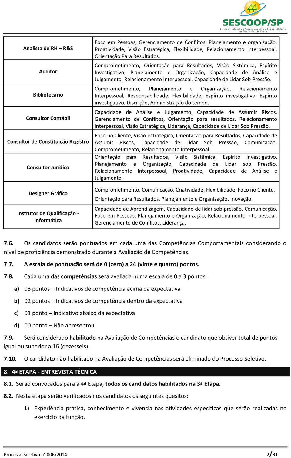 Comprometimento, Orientação para Resultados, Visão Sistêmica, Espírito Investigativo, Planejamento e Organização, Capacidade de Análise e Julgamento, Relacionamento Interpessoal, Capacidade de Lidar