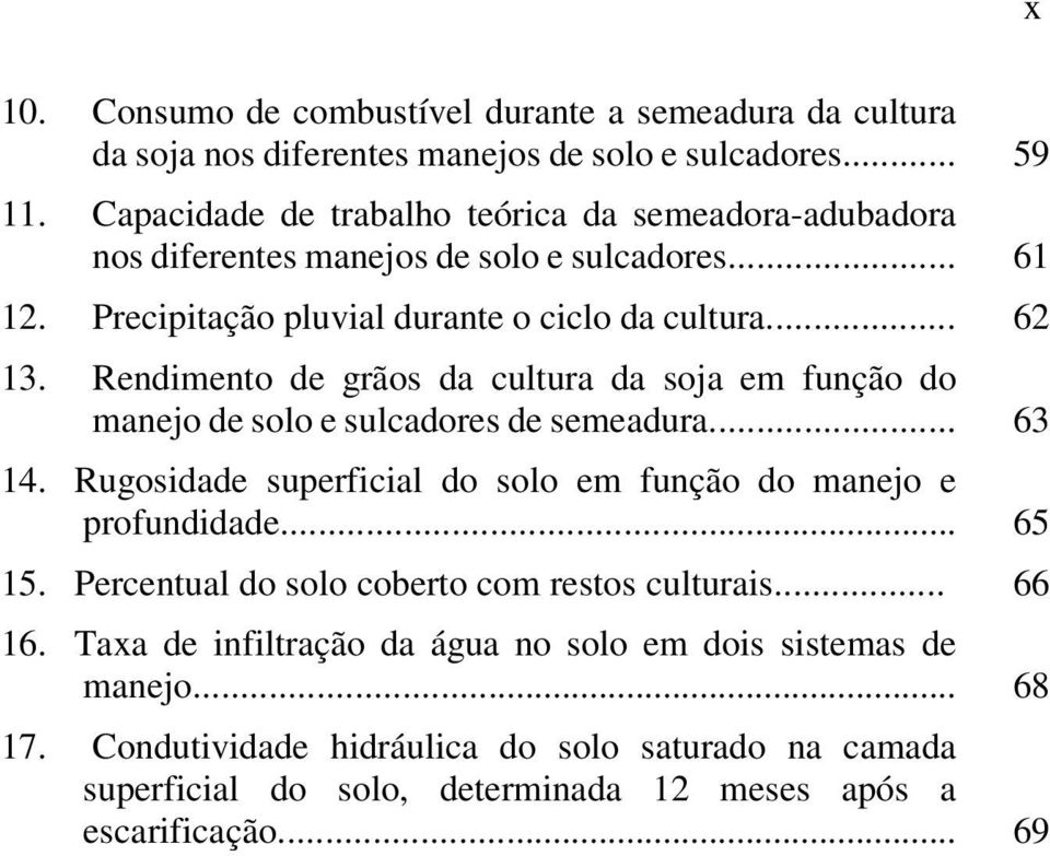 Rendimento de grãos da cultura da soja em função do manejo de solo e sulcadores de semeadura... 63 14. Rugosidade superficial do solo em função do manejo e profundidade... 65 15.