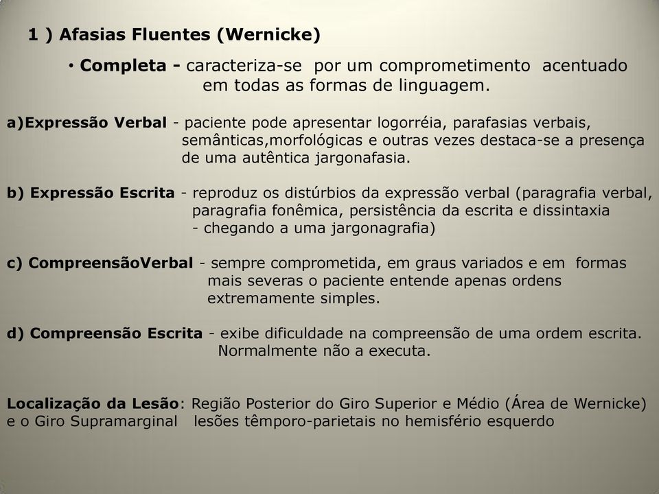 b) Expressão Escrita - reproduz os distúrbios da expressão verbal (paragrafia verbal, paragrafia fonêmica, persistência da escrita e dissintaxia - chegando a uma jargonagrafia) c) CompreensãoVerbal -