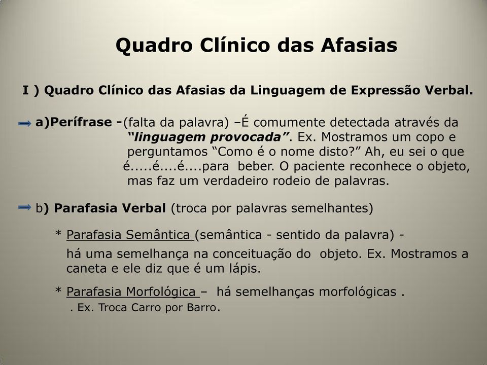 Ah, eu sei o que é...é...é...para beber. O paciente reconhece o objeto, mas faz um verdadeiro rodeio de palavras.