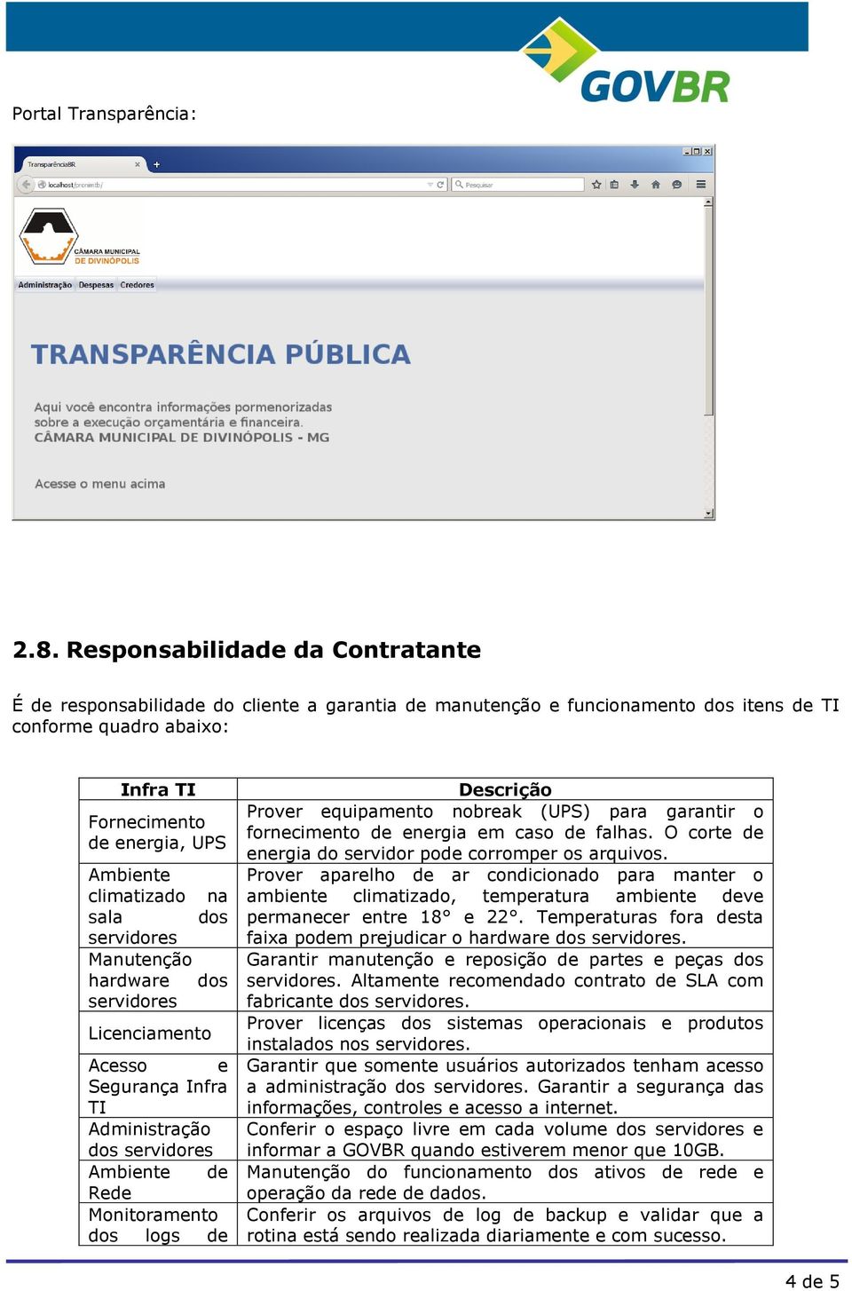 climatizado na sala dos servidores Manutenção hardware dos servidores Licenciamento Segurança Infra TI Administração dos servidores Ambiente de Rede dos logs de Descrição Prover equipamento nobreak