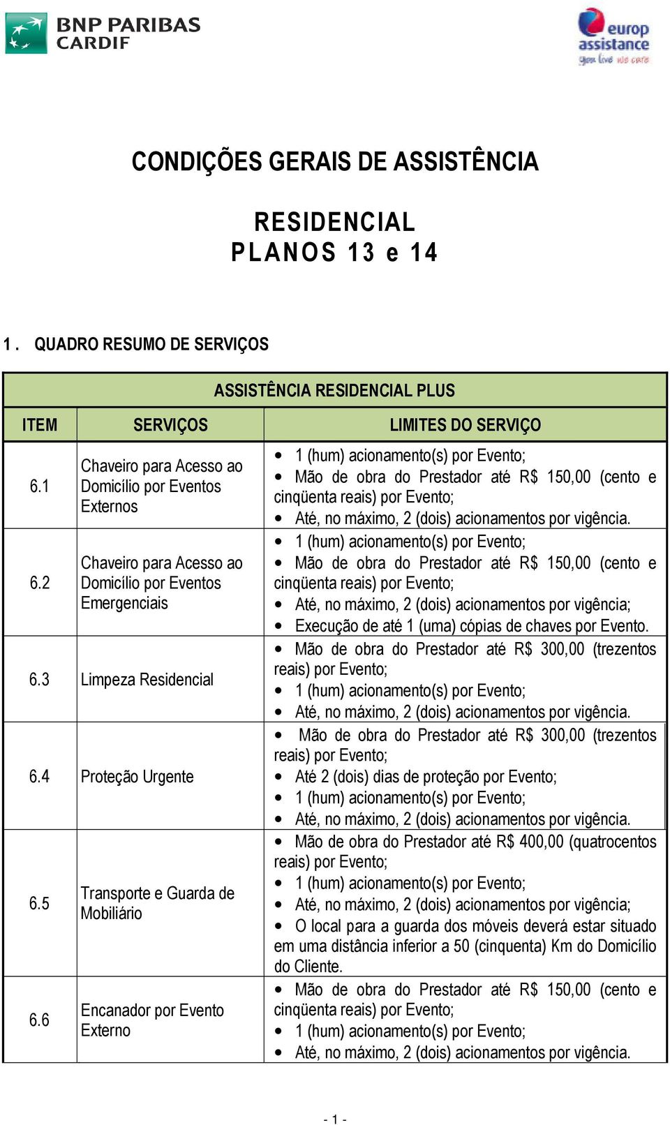 6 Transporte e Guarda de Mobiliário Encanador por Evento Externo Mão de obra do Prestador até R$ 150,00 (cento e cinqüenta reais) por Evento; Até, no máximo, 2 (dois) acionamentos por vigência.