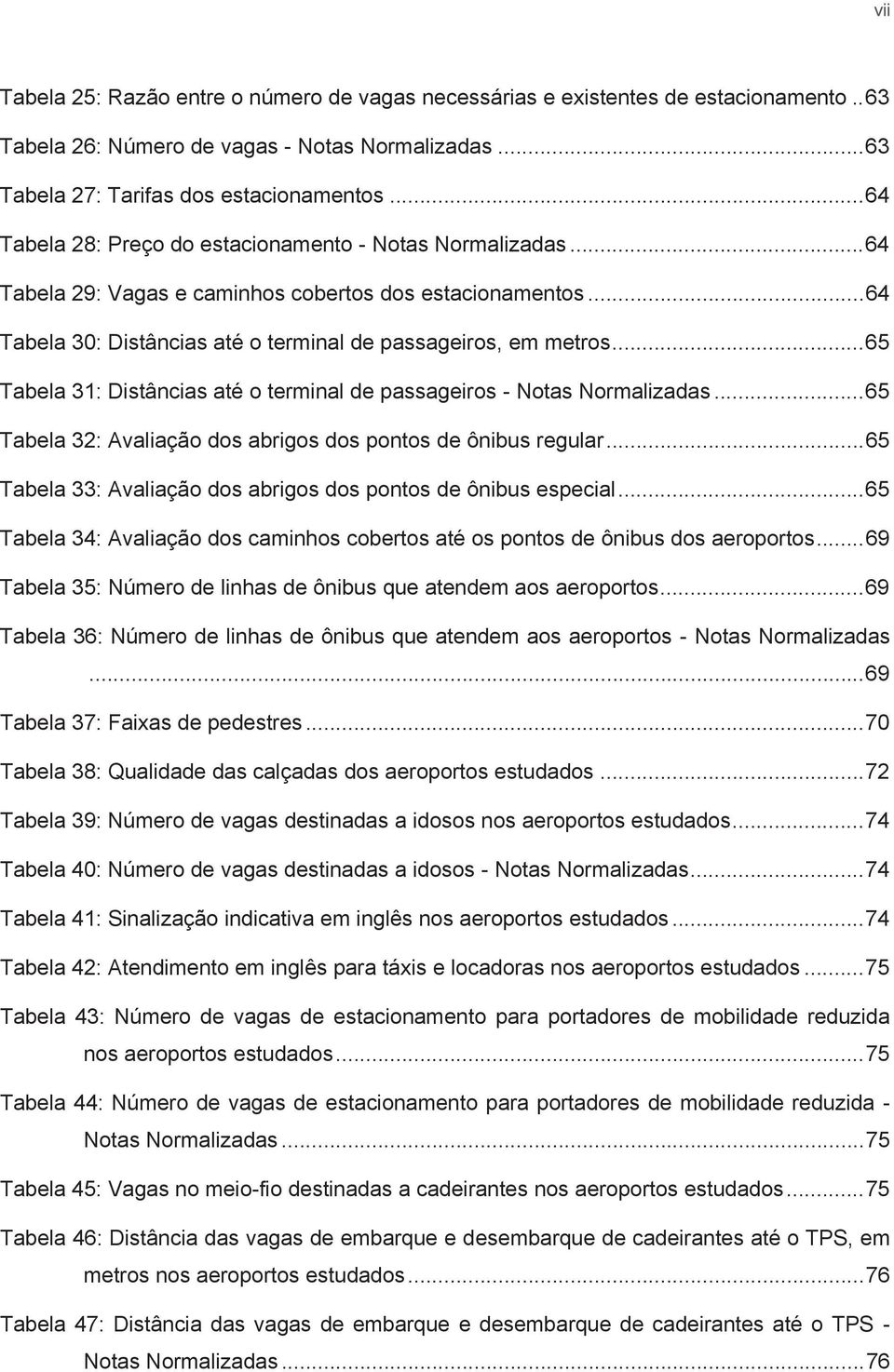 .. 65 Tabela 31: Distâncias até o terminal de passageiros - Notas Normalizadas... 65 Tabela 32: Avaliação dos abrigos dos pontos de ônibus regular.