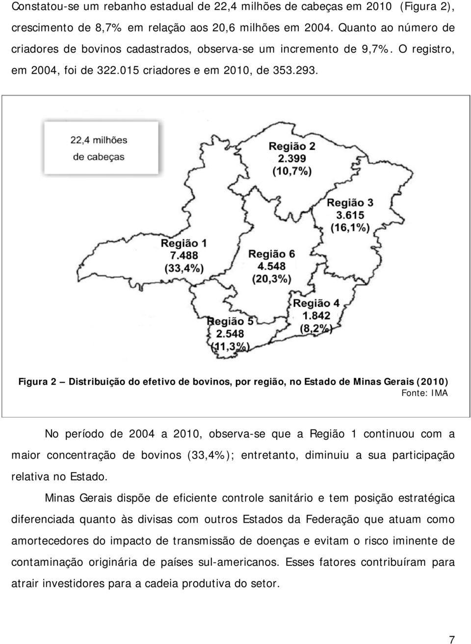 Figura 2 Distribuição do efetivo de bovinos, por região, no Estado de Minas Gerais (2010) Fonte: IMA No período de 2004 a 2010, observa-se que a Região 1 continuou com a maior concentração de bovinos