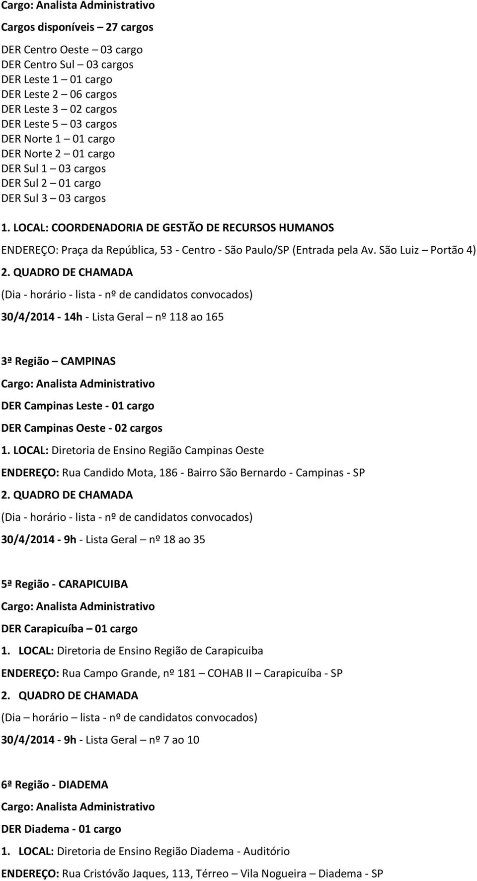 São Luiz Portão 4) (Dia - horário - lista - nº de candidatos convocados) 30/4/2014-14h - Lista Geral nº 118 ao 165 3ª Região CAMPINAS DER Campinas Leste - 01 cargo DER Campinas Oeste - 02 cargos 1.