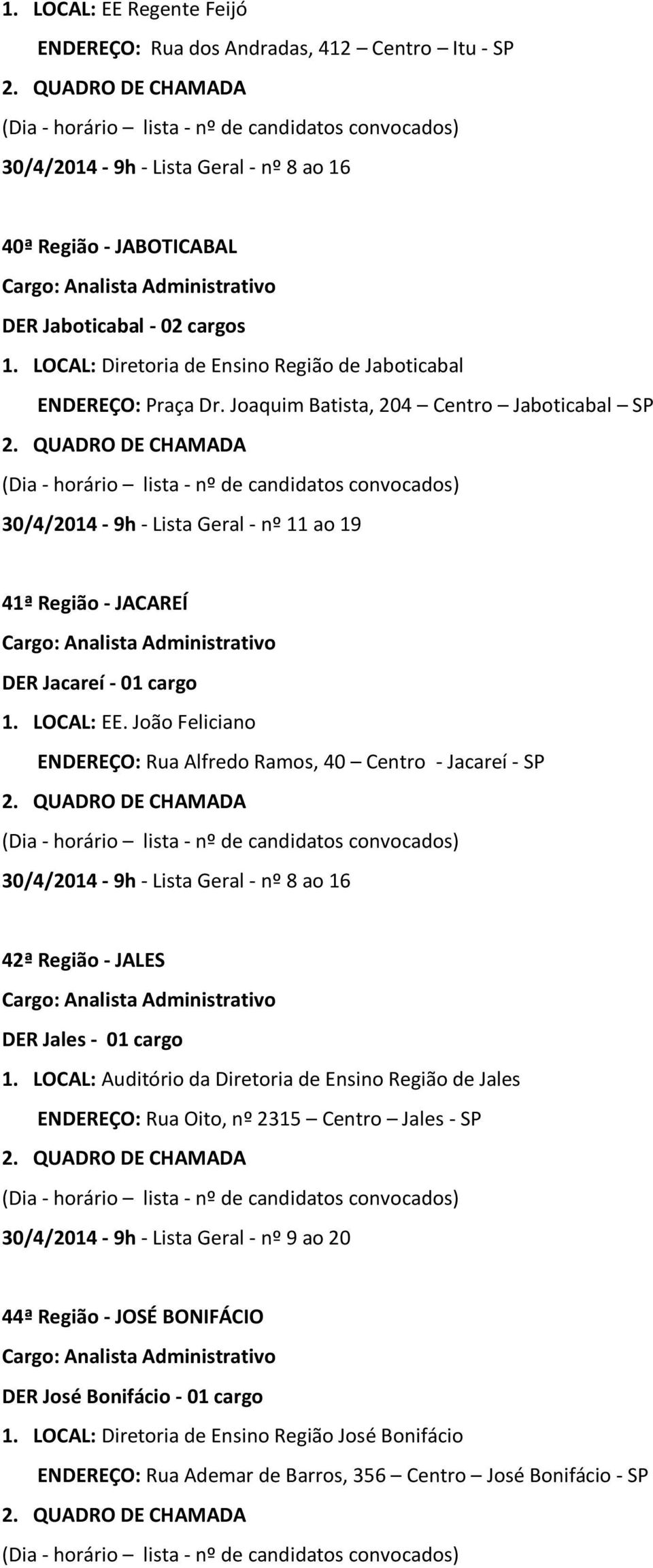 LOCAL: EE. João Feliciano ENDEREÇO: Rua Alfredo Ramos, 40 Centro - Jacareí - SP 30/4/2014-9h - Lista Geral - nº 8 ao 16 42ª Região - JALES DER Jales - 01 cargo 1.