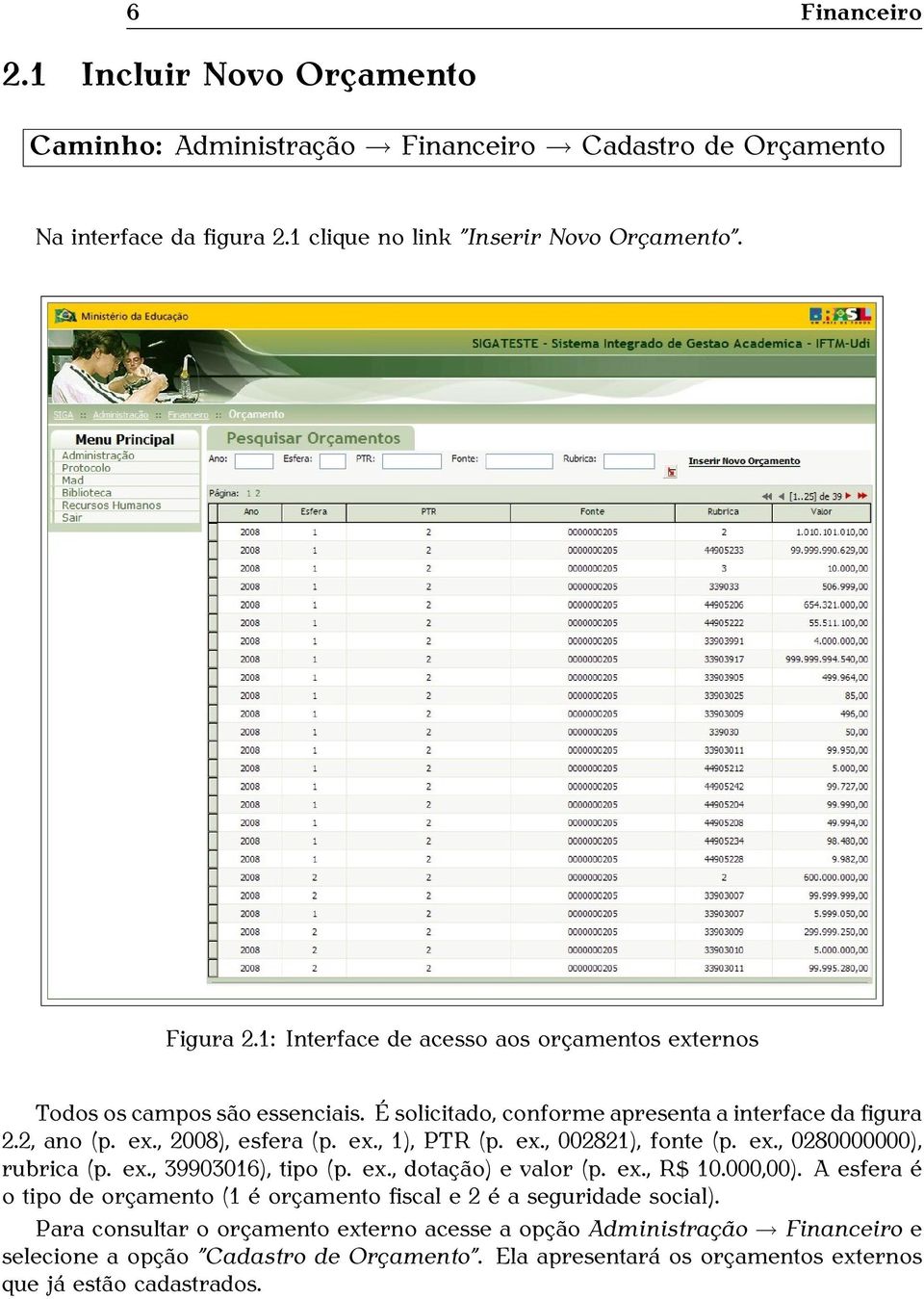 ex., 002821), fonte (p. ex., 0280000000), rubrica (p. ex., 39903016), tipo (p. ex., dotação) e valor (p. ex., R$ 10.000,00).