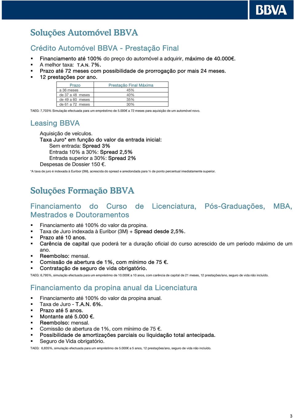 Prazo Prestação Final Máxima a 36 meses 45% de 37 a 48 meses 40% de 49 a 60 meses 35% de 61 a 72 meses 30% TAEG: 7,703% Simulação efectuada para um empréstimo de 5.