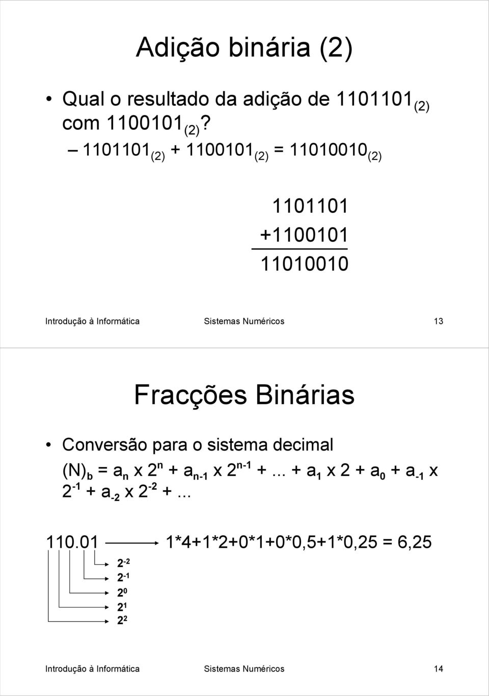Numéricos 13 Fracções Binárias Conversão para o sistema decimal (N) b = a n x 2 n + a n-1 x 2 n-1 +.