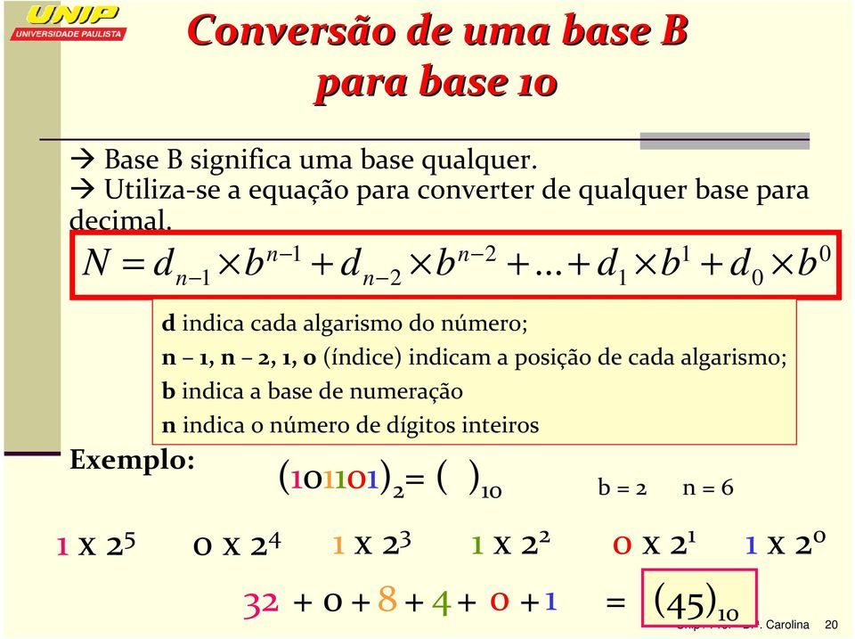 .. + d1 b + d0 b d indica cada algarismo do número; n 1, n 2, 1, 0 (índice) indicam a posição de cada algarismo; b indica a