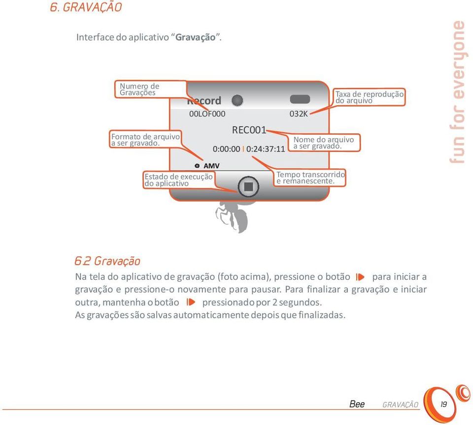 Taxa de reprodução do arquivo Estado de execução do aplicativo Tempo transcorrido e remanescente. 6.