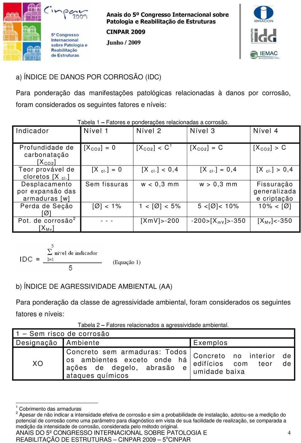 Indicador Nível 1 Nível 2 Nível 3 Nível 4 Profundidade de carbonatação [X C O2 ] Teor provável de cloretos [X cl- ] Desplacamento por expansão das armaduras [w] Perda de Seção [Ø] Pot.