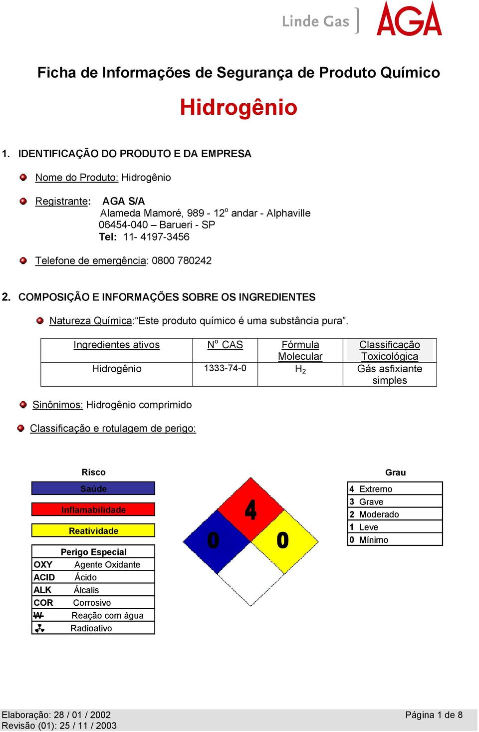 Ingredientes ativos N o CAS Fórmula Molecular Classificação Toxicológica 1333-74-0 H 2 Gás asfixiante simples Sinônimos: comprimido Classificação e rotulagem de perigo: OXY ACID