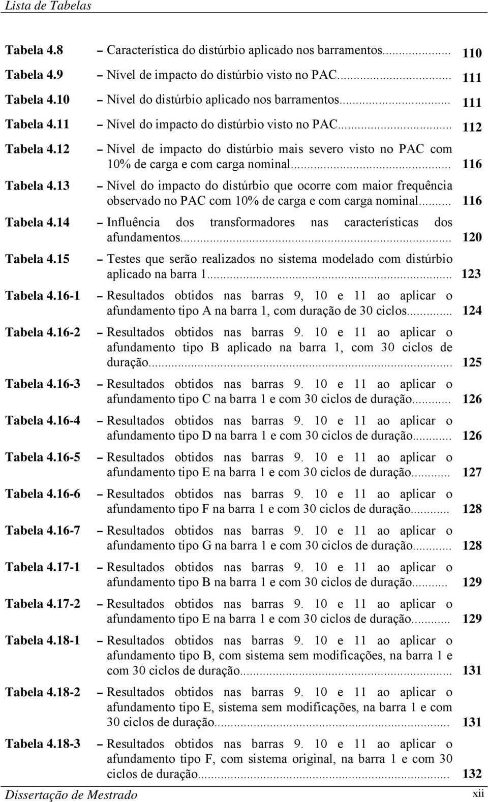 12 Tabela 4.13 Dissertação de Mestrado Nível de impacto do distúrbio mais severo visto no PAC com 10% de carga e com carga nominal.