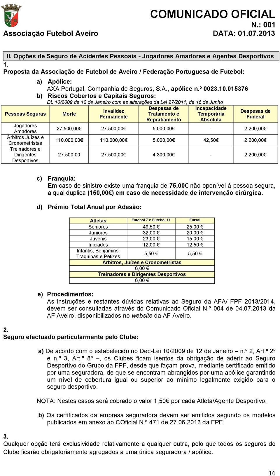 015376 b) Riscos Cobertos e Capitais Seguros: DL 10/2009 de 12 de Janeiro com as alterações da Lei 27/2011, de 16 de Junho Morte Invalidez Permanente Despesas de Tratamento e Repratiamento