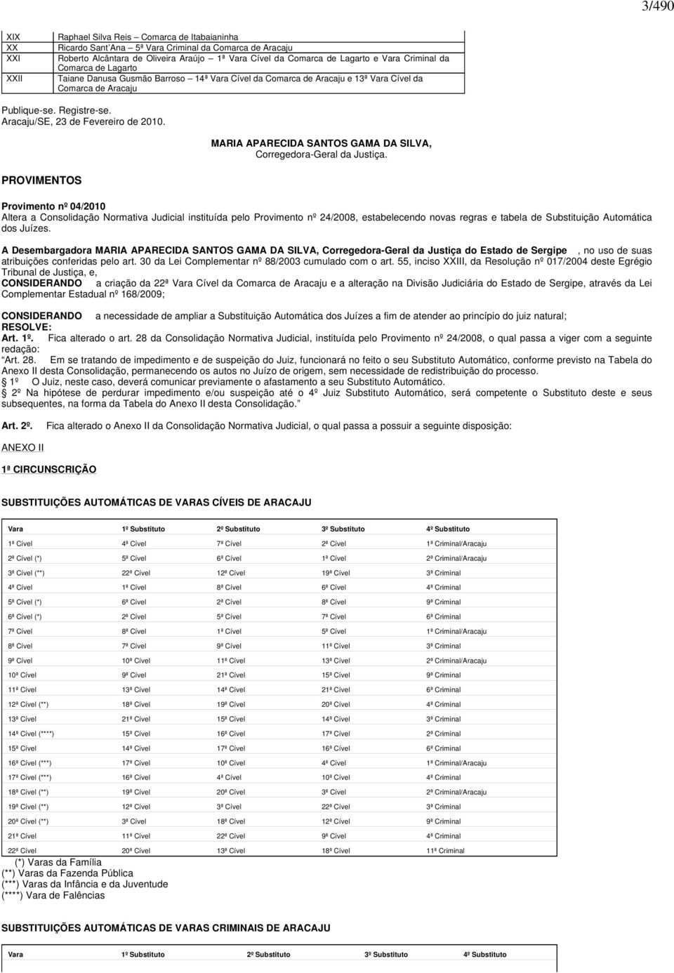 Aracaju/SE, 23 de Fevereiro de 2010. PROVIMENTOS MARIA APARECIDA SANTOS GAMA DA SILVA, Corregedora-Geral da Justiça.